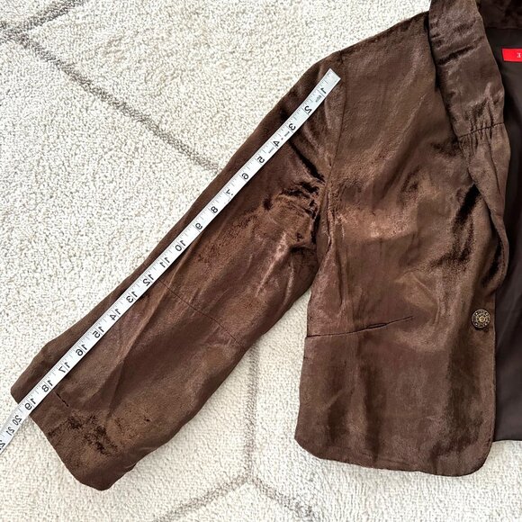 Brown Velvet Cropped Blazer Jacket Single Button Closure Sz 12 - Picture 8 of 8